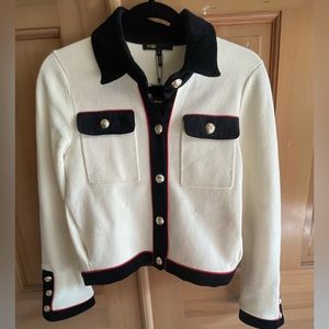 Maje Molia Cropped Woven Knitted Ribbed Trims Cardigan